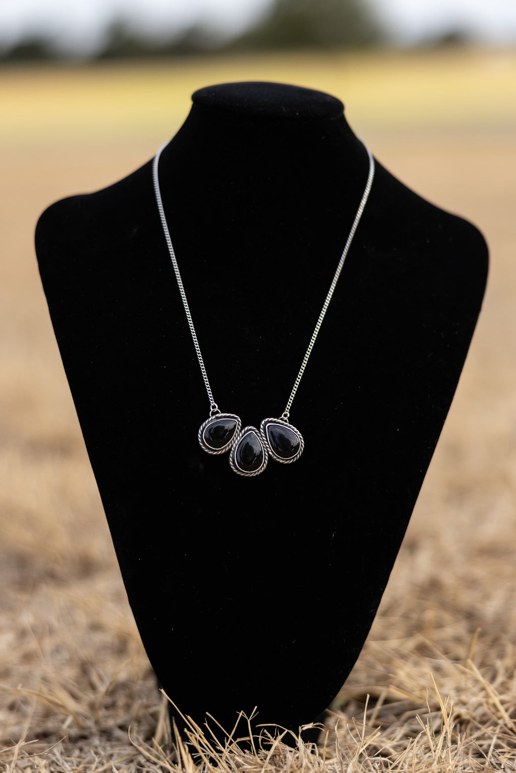 Black Onyx Three-Stone Sterling Silver Necklace