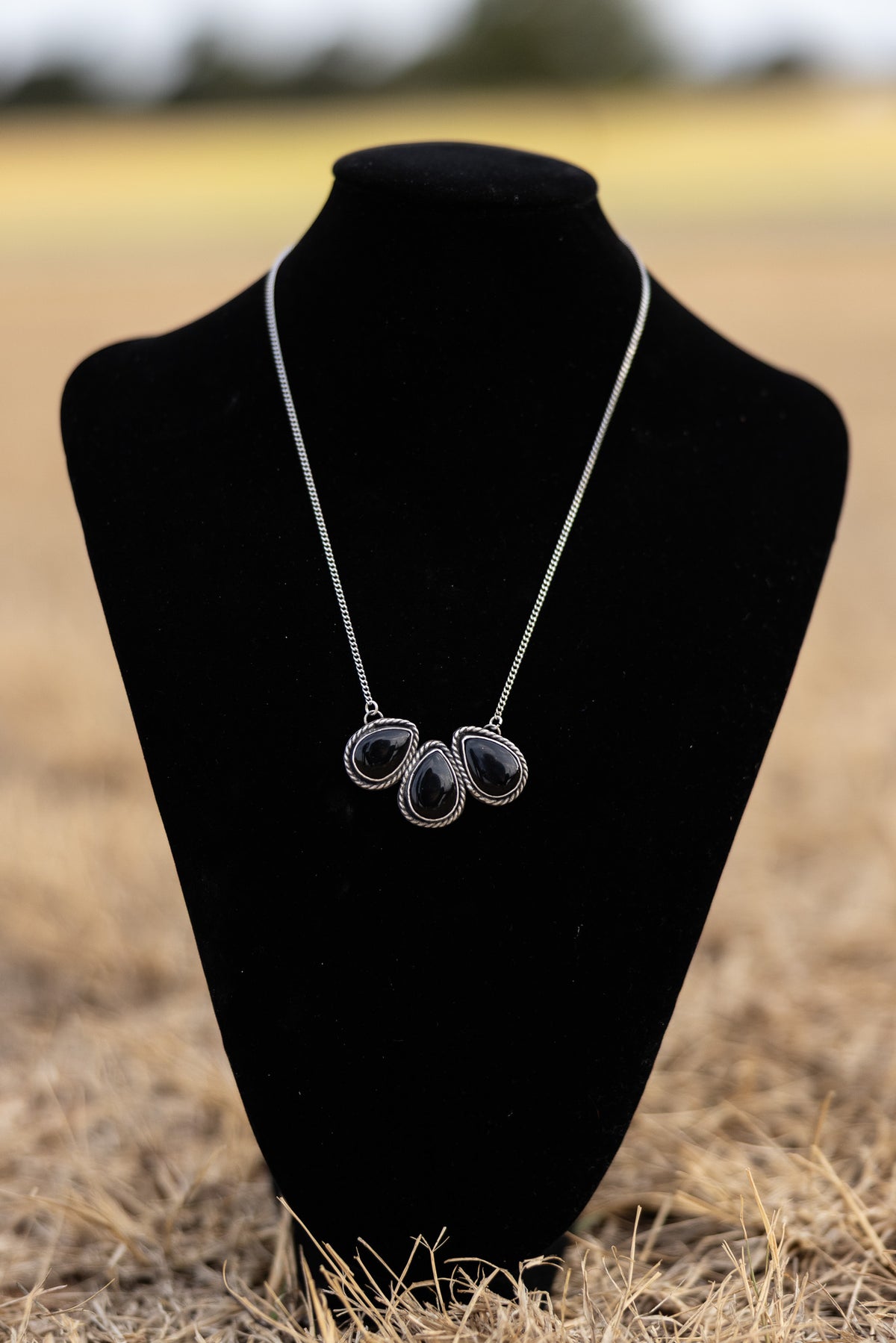 Black Onyx Three-Stone Sterling Silver Necklace